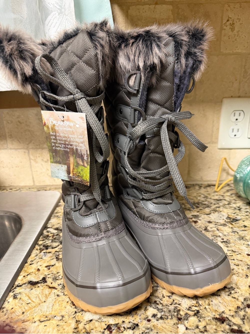 BearPaw Gray Lace-Up Faux-Fur Snow Boots
